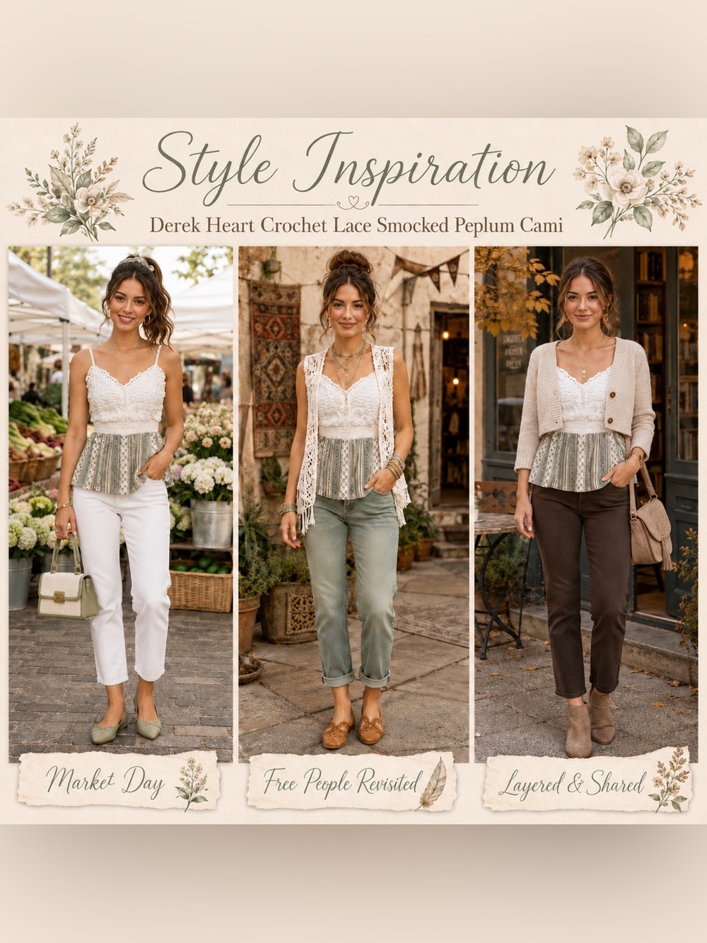 NWOT. Derek Heart Crochet Lace Smocked Peplum Cami Top | Sage | Boho Cottagecore - Picture 3 of 10